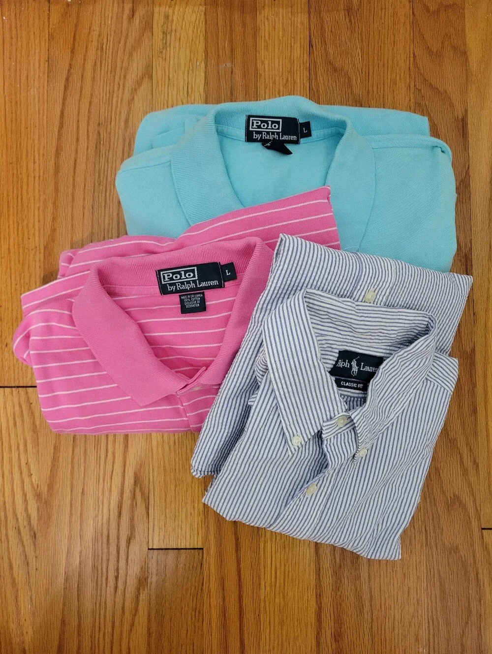 Lot of 3 Men's Polo Ralph Lauren Short Sleeve Shirts Polos Sz L Pink Blue Stripe